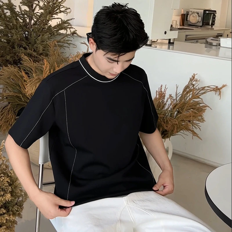 夏季新款男士明线立体剪裁短袖t恤潮流设计感圆领宽松半袖体恤