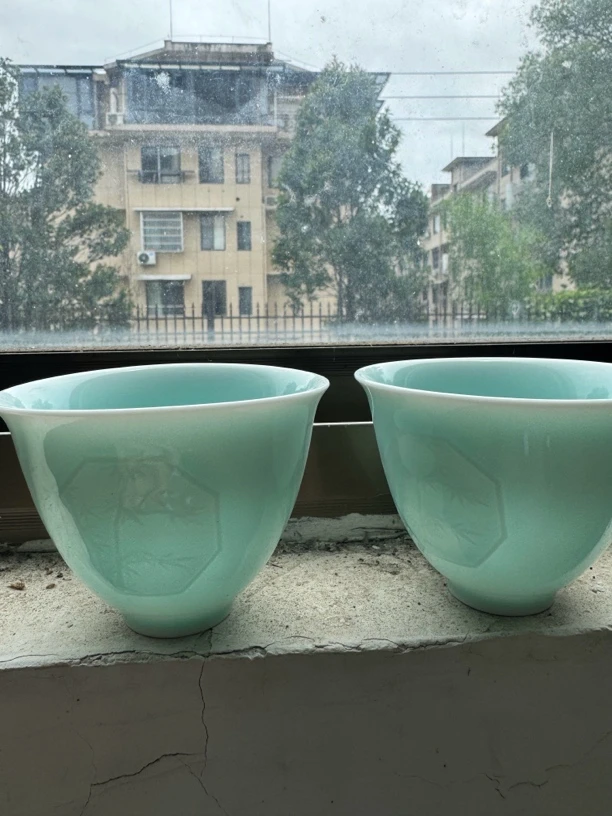薄胎龙泉透光粉青竹子大号鸡心手握杯盖碗碗身微瑕