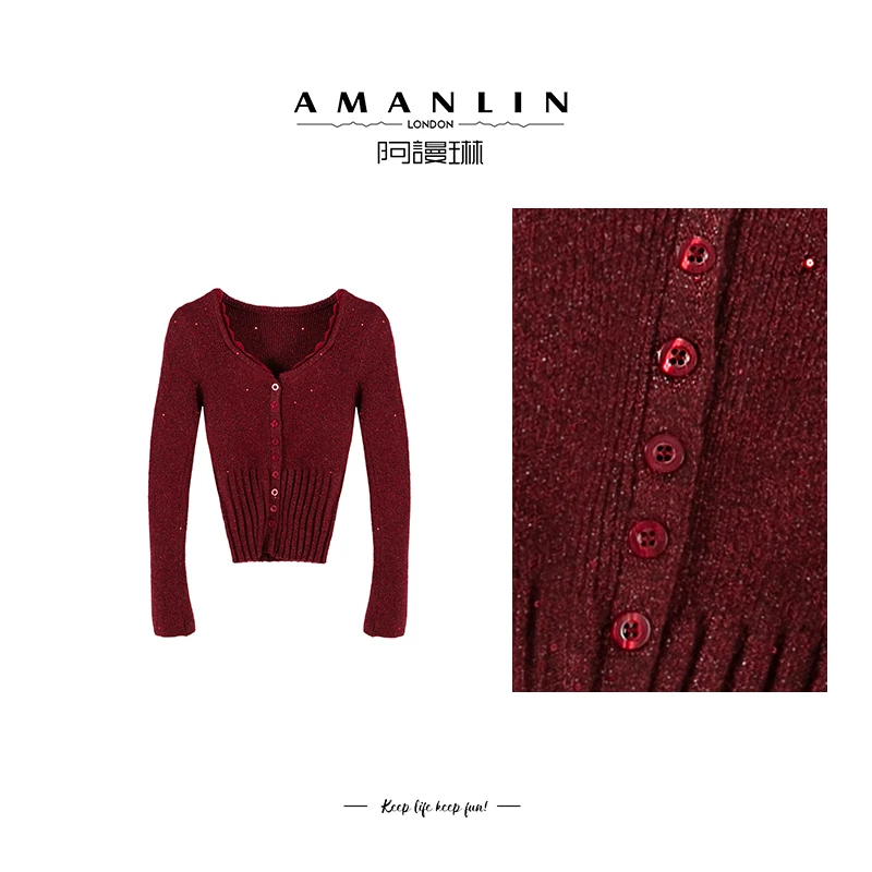 【AMANLIN】2025新品时尚V领显瘦细闪高级感针织开衫上衣F595331