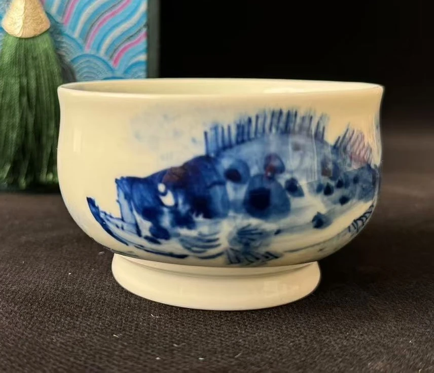 景德镇高温陶瓷茶具手工手绘釉下青花鳜鱼炉式杯