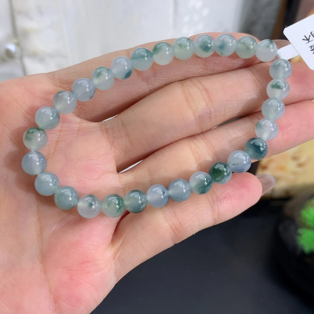 翡翠未镶嵌手串卡6冰胶蓝飘花手串