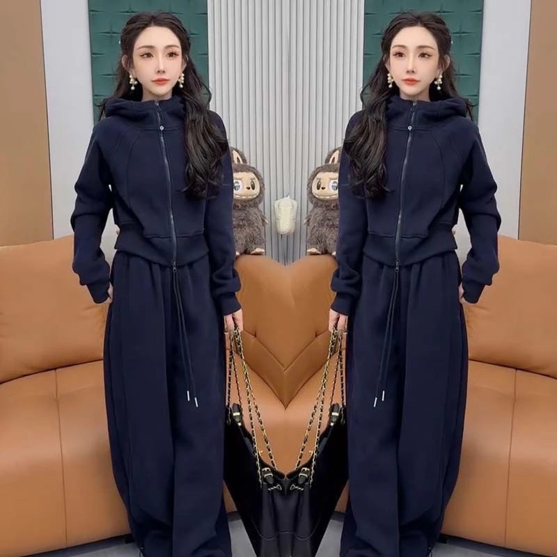 2025秋冬新款时尚休闲运动套装连帽加绒加厚拉链卫衣外套腰阔腿裤