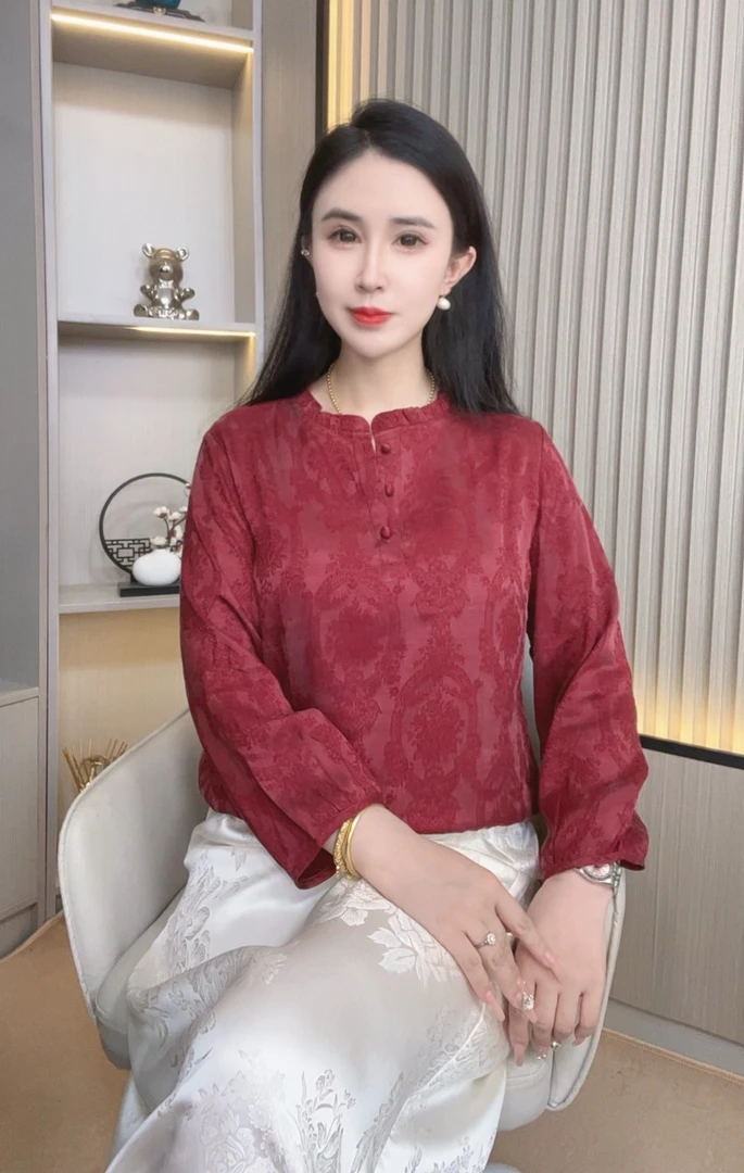 红色【平安】中式改良设计师百搭老料砂洗气质显瘦小衫