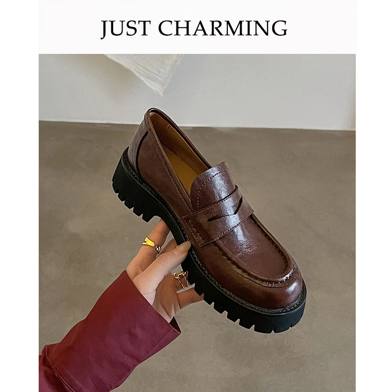 真皮法式复古舒适厚底显高一脚蹬乐福小皮鞋绝美百搭英伦风单鞋女