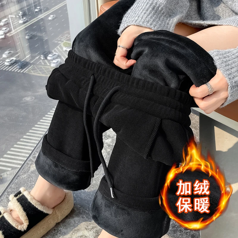 冬季加绒高个子175超长雪尼尔欧棉绒保暖裤直筒阔腿裤高腰休闲裤