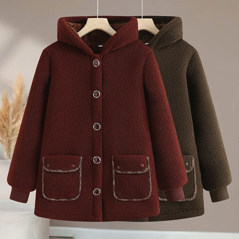 中年妈妈冬装颗粒绒外套休闲加绒加厚棉衣中老年人女新款连帽棉袄