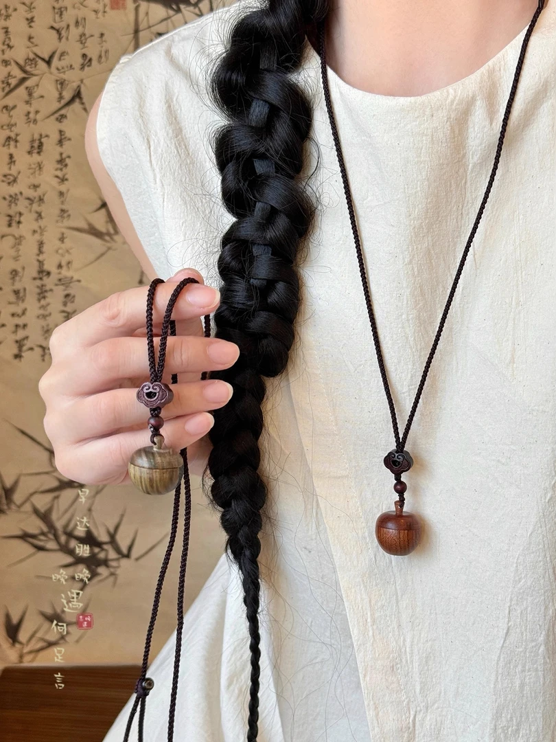 非金属木质吊坠 木质苹果可打开编织项链女新中式禅意复古毛衣链