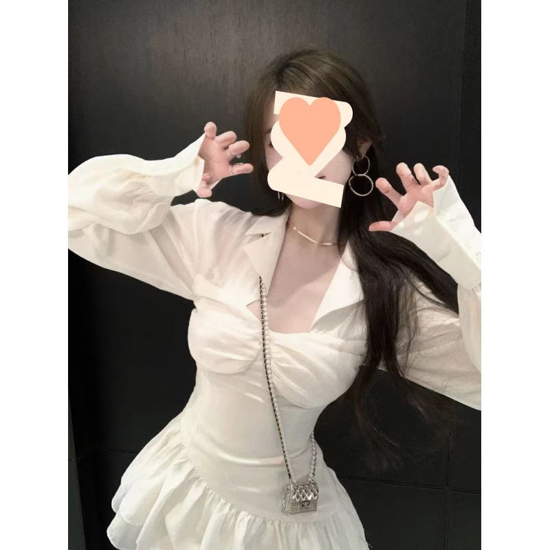 甜辣妹长袖衬衫连衣裙女春秋纯欲白色方口领褶皱收腰显瘦蓬蓬短裙