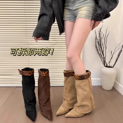 真皮2025秋冬新款爆款裤管靴辣妹时髦尖豹纹坡跟中筒复古瘦瘦靴