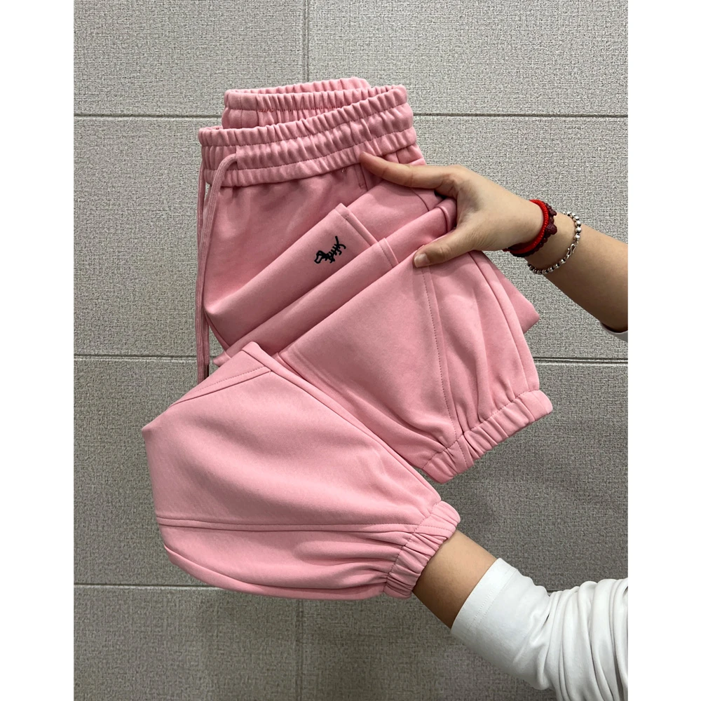 韩版春季新款小狗刺绣松紧腰宽松直筒裤女ins休闲卫裤香蕉裤