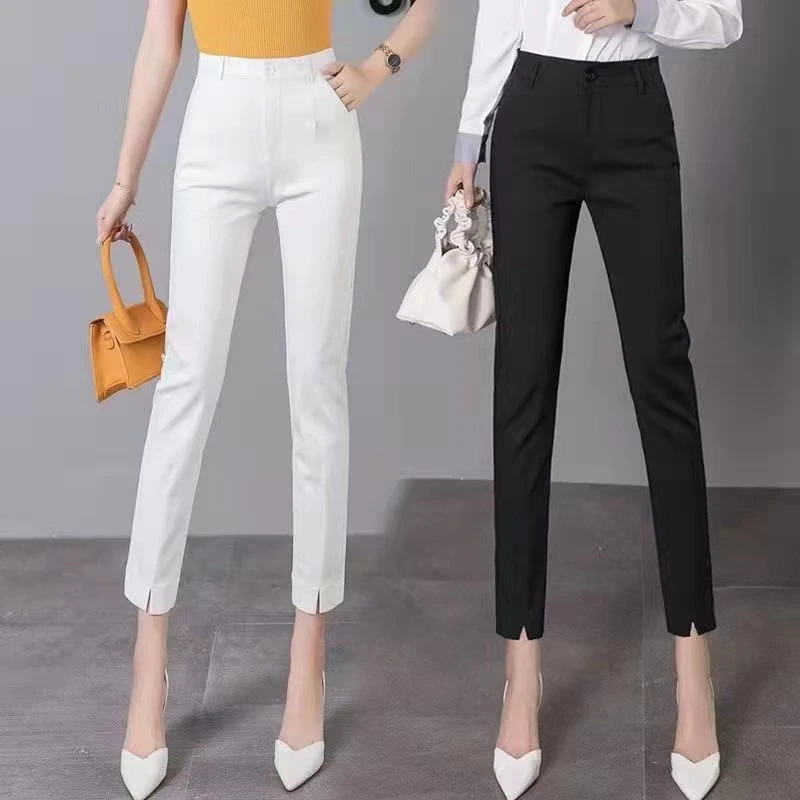 白色裤子女春秋高腰显瘦长裤小个子小脚休闲裤直筒九分裤哈伦西裤