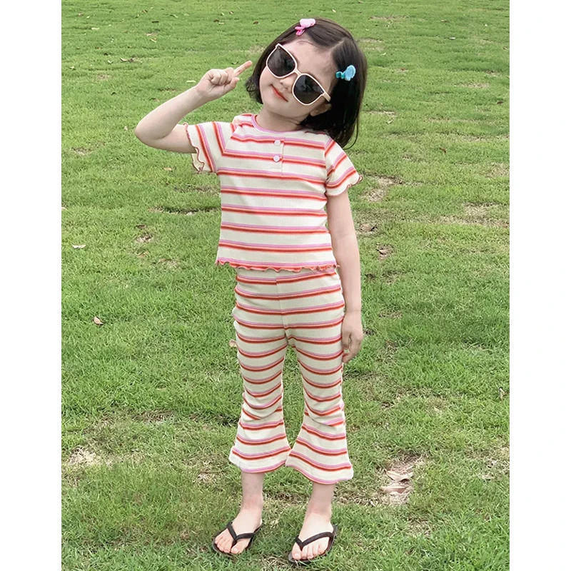 《现货》韩版童装女童网红条纹套装夏季儿童洋气休闲短袖T恤喇叭裤