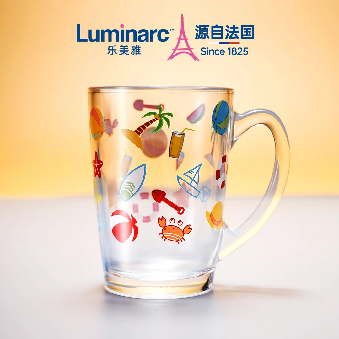 乐美雅玻璃杯大容量带把杯家用耐热可微波牛奶杯果汁印花杯儿童杯