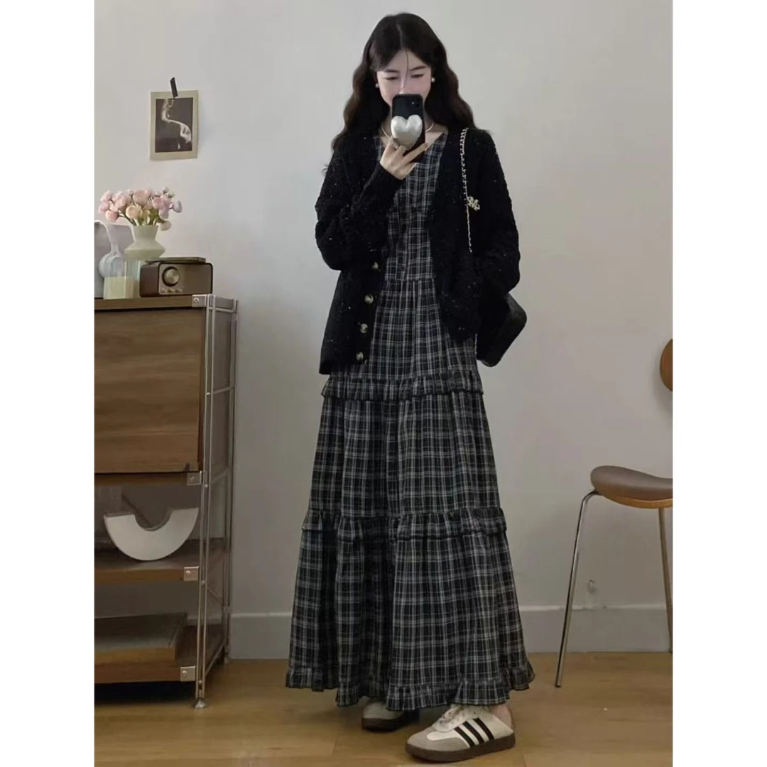X jiu黑色针织开衫慵懒风外套+连衣裙两件套2052
