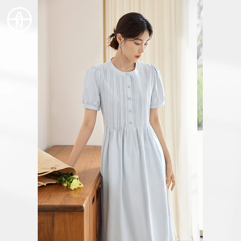 AN大码女装氧气感衬衫连衣裙夏季胖mm舒适莱赛尔小黑裙