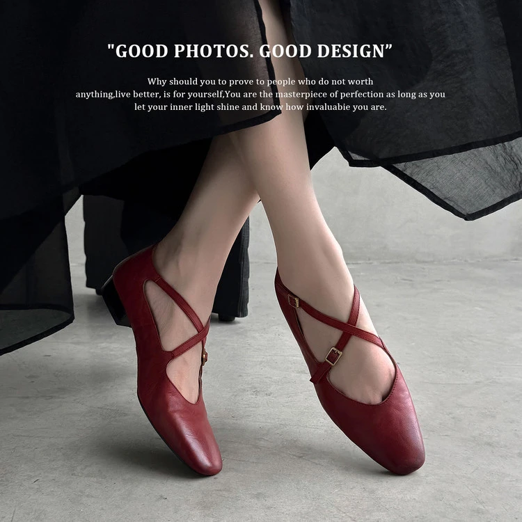 真皮法式方头平底交叉带红色玛丽珍鞋温柔百搭芭蕾风配裙子单鞋女