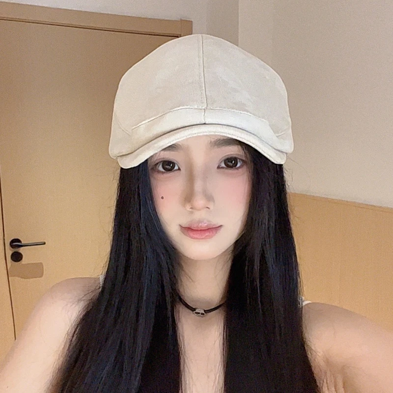 复古前进帽子女春秋季麂皮绒百搭韩版显脸小贝雷帽文艺英伦画家帽