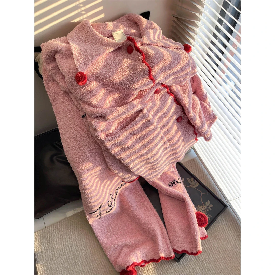 字母少女粉色半边绒睡衣女冬加厚套装保暖毛衣针织家居服套装大码