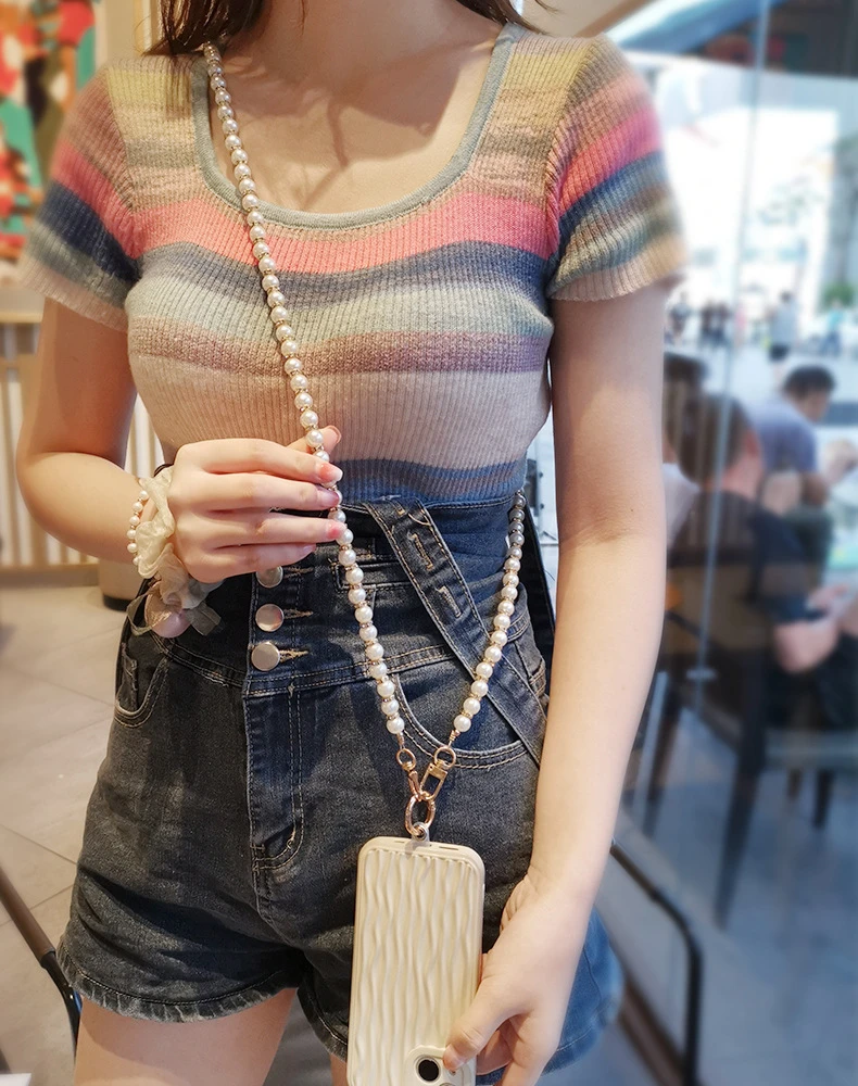 斜挎名媛风手机链条串珠手机挂绳手腕手机挂链高颜值女士手机挂绳
