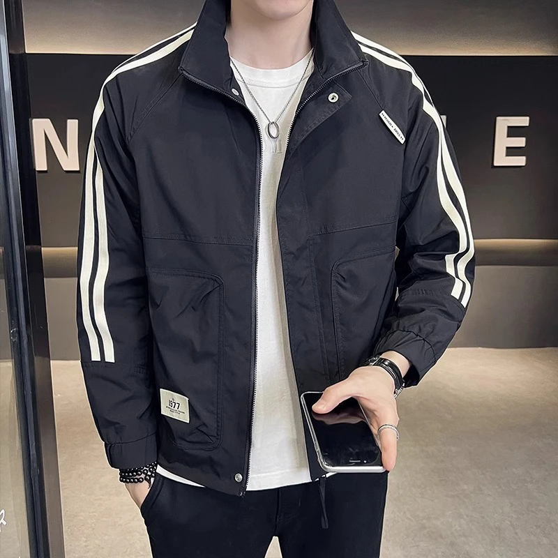 高级感美式休闲2025春秋新款男士外套潮流条纹痞帅上衣服休闲夹克