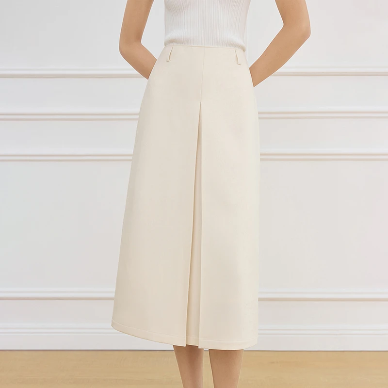 范思蓝恩气质感通勤小A型纯色长裙春季新款工字褶半身裙25FS11218