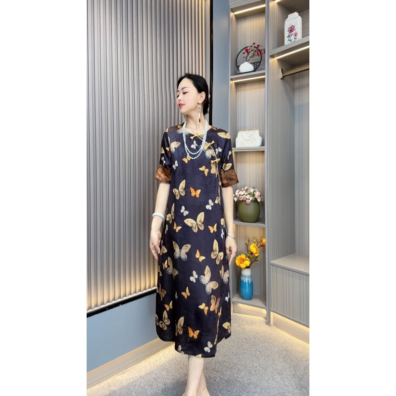 蝶韵2120洋气新中式妈妈装国风流苏优雅气质复古遮肉连衣裙