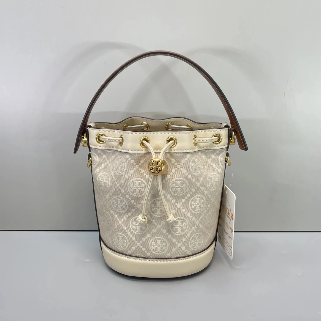 95新 TORY BURCH/汤丽柏琦 白色老花迷你斜挎水桶包 15*18*11cm