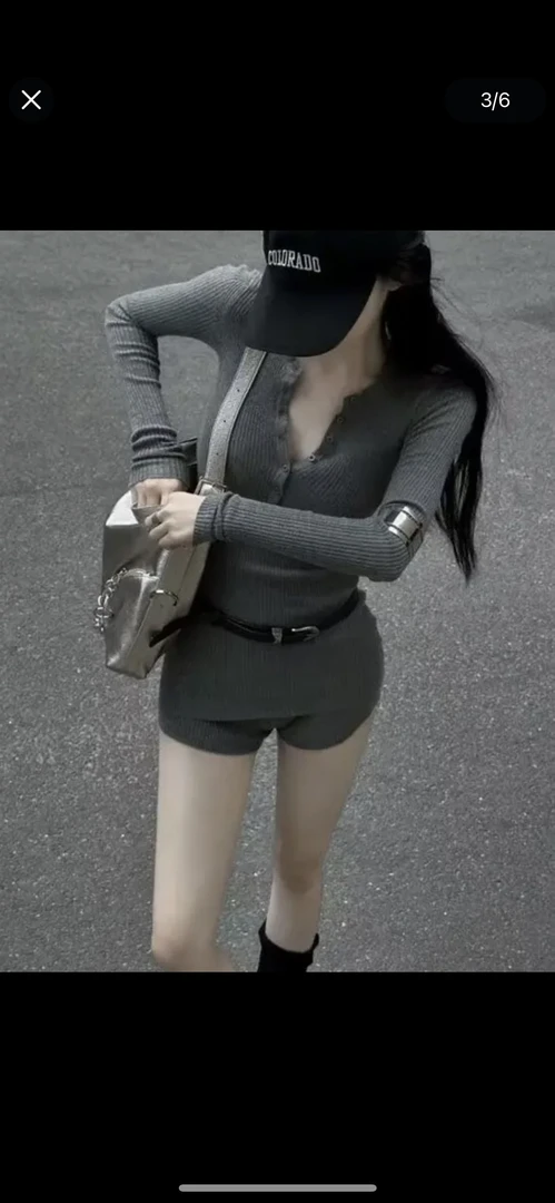 灰色针织带腰带三套装长袖V领上衣高腰紧身短裤美式休闲风