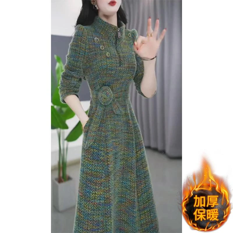 高端围巾领两件套连衣裙女2025秋冬新款洋气加厚妈妈配大衣打底裙