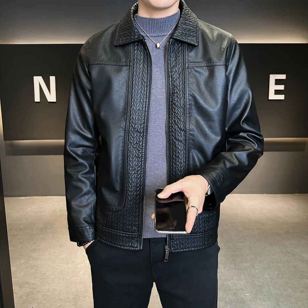 秋季新款皮衣夹克男士麦穗拼接时尚高档翻领潮流痞帅修身青年上衣