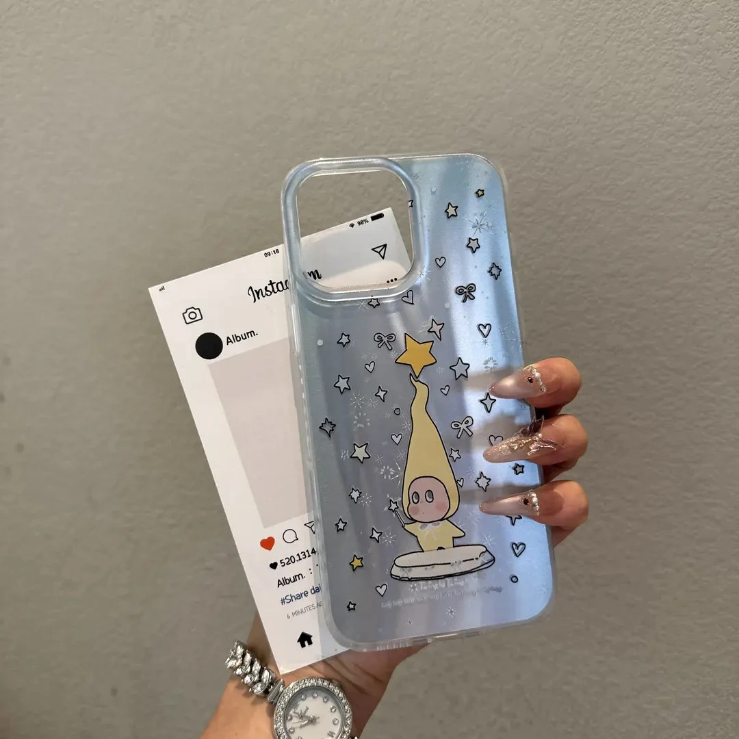 镭射晕染蓝星星小人适用苹果16promax手机壳iPhone15可爱14全包
