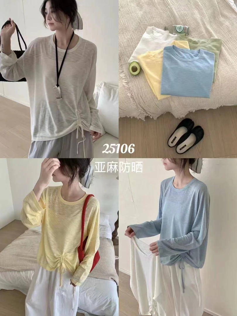 邹先森353-30ins抽绳圆领轻职风简约背心T恤亚麻拼接长袖休闲防晒