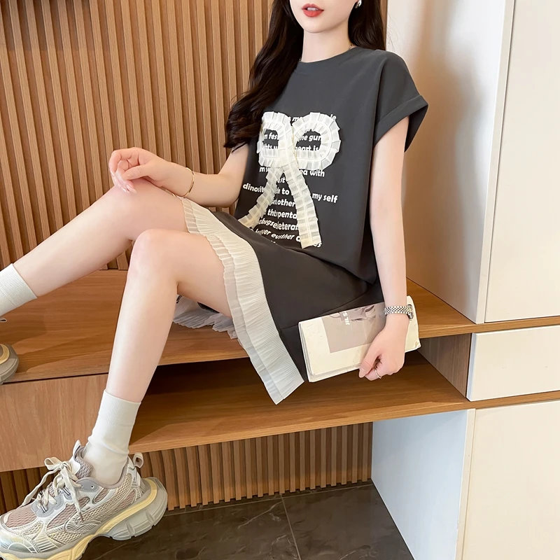 设计感蕾丝拼接T恤裙女夏季韩版宽松大版中长款假两件减龄连衣裙