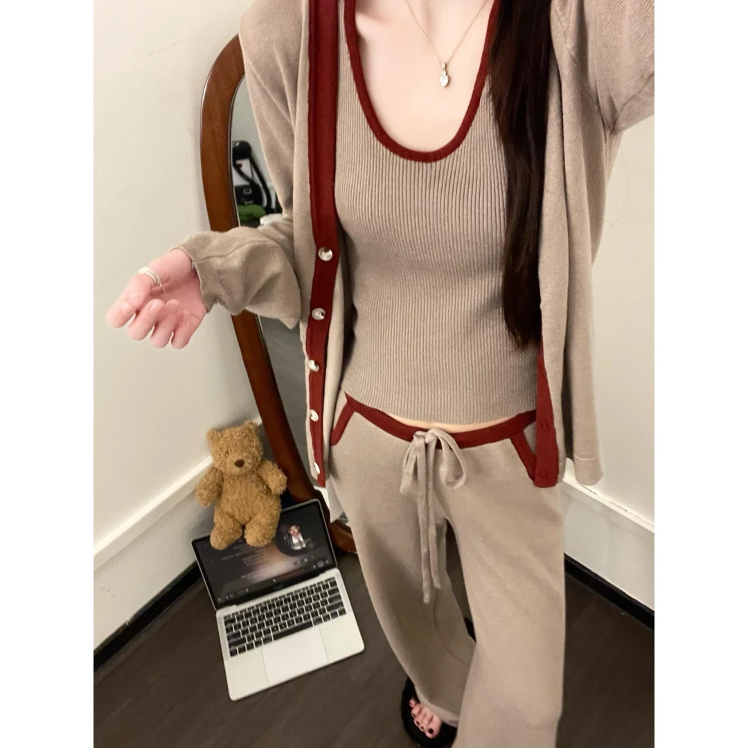 简约慵懒感针织吊带睡衣女春秋休闲时尚显瘦显白家居服套装可外穿