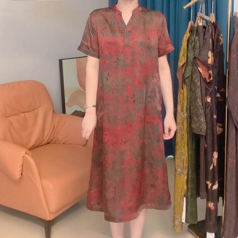 孤品【100%桑蚕丝】【双面双穿】夏季短袖连衣裙百搭中长款裙子