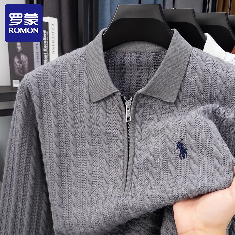 Romon/罗蒙秋季Polo衫男士长袖套头时尚针织毛衣新款休闲翻领上衣