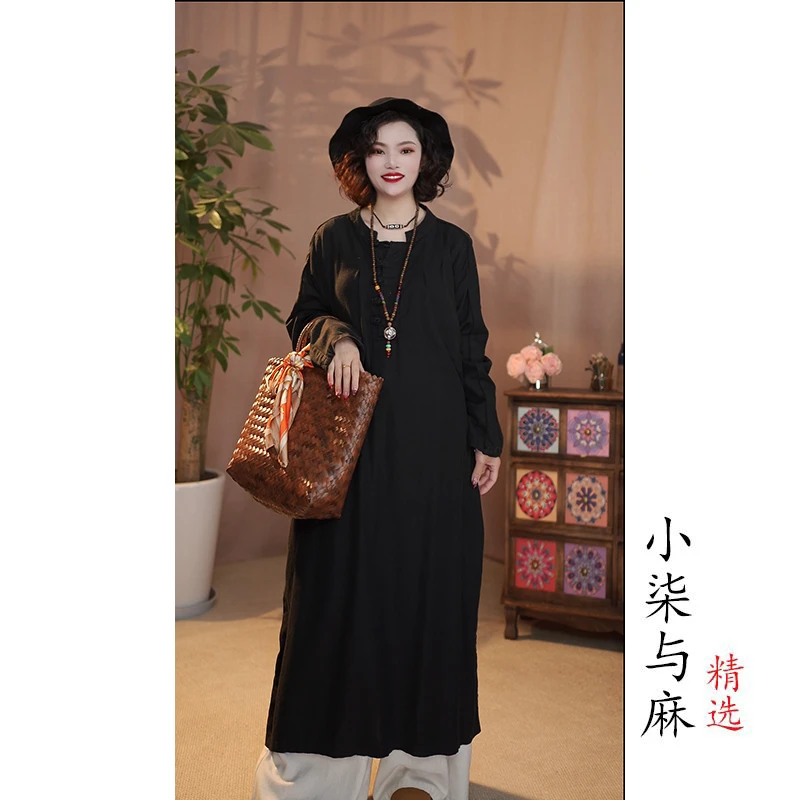 【小柒与麻】春季新款复古五粒盘扣裙袍（衣长110胸围150）黑色