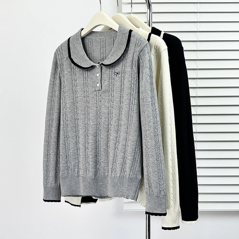 门店款 麻花针织打底衫毛衣女秋冬显瘦设计感蝴蝶结刺绣打底上衣