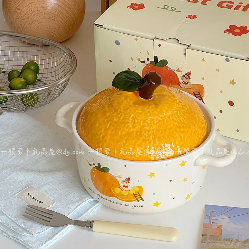 可爱橘子双耳泡面碗带盖大容量宿舍办公室嗦粉碗高颜值陶瓷面碗女