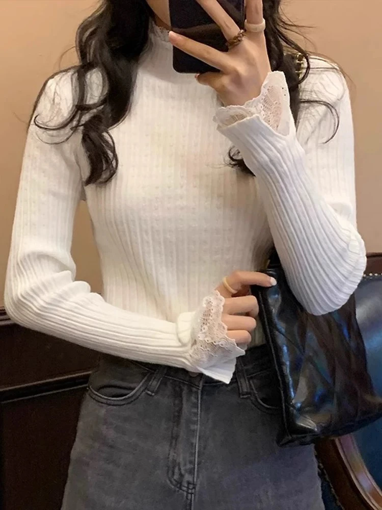 2025新款甜美高级感毛衣女秋冬软糯蕾丝边上衣内搭针织衫打底衫