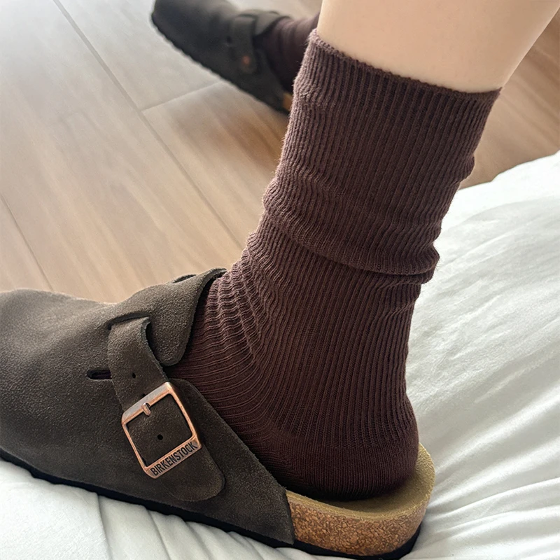 堆堆袜子女款纯色ins韩系简约竖条纹棉袜春秋新款休闲百搭中筒袜