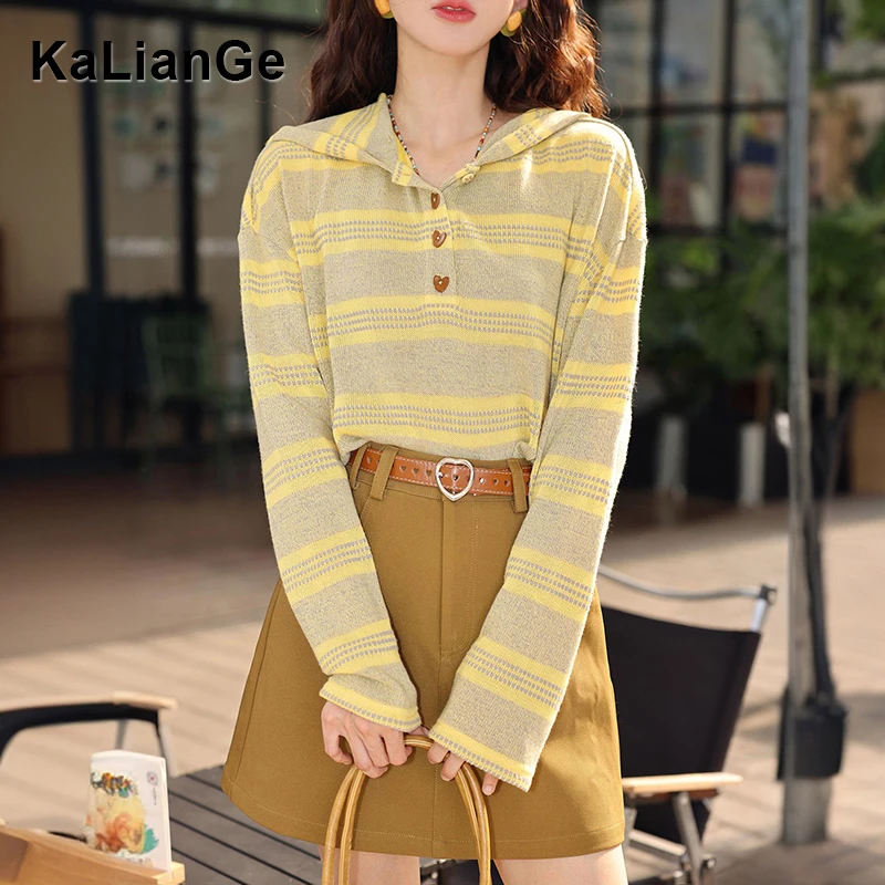 卡莲格/条纹连帽宽松长袖针织衫上衣女秋季微胖mm显瘦打底衫上衣
