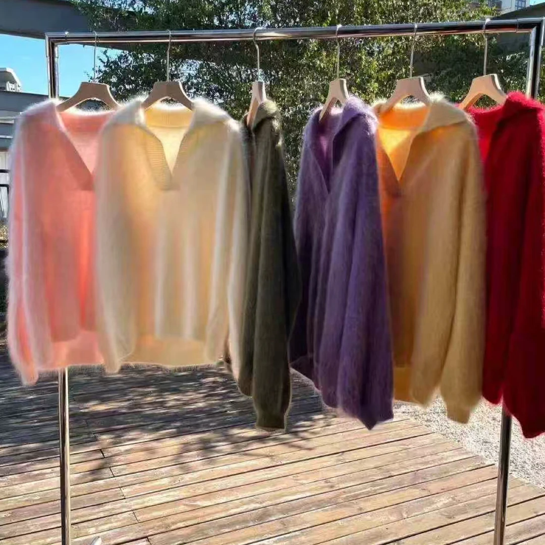 2025翻领V领加厚100羊绒拉绒毛衣上衣