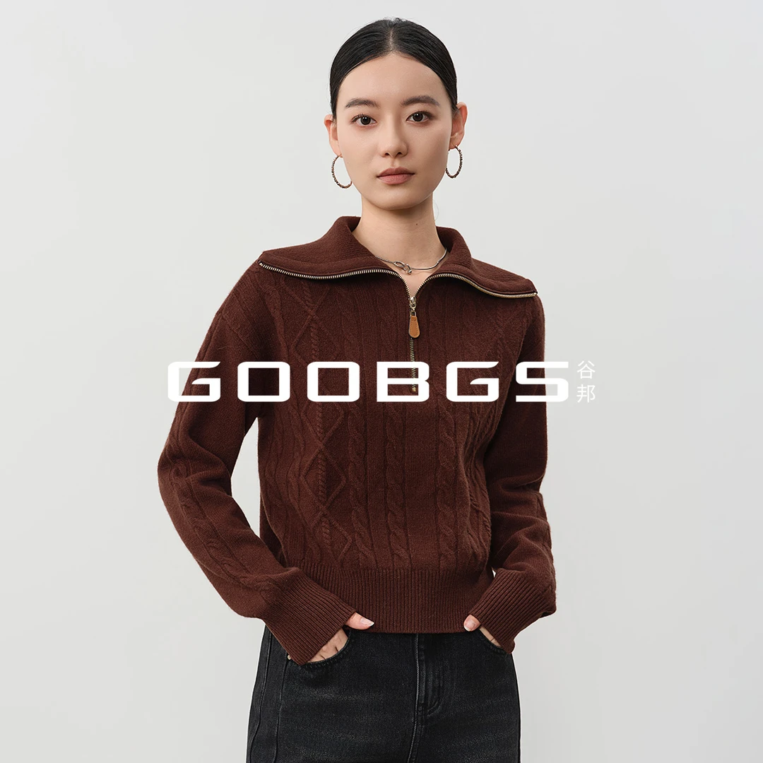 GOOBGS复古翻领毛针织衫时尚休闲气质显瘦绵羊毛上衣B5472605