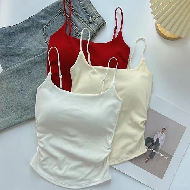 肩带调节带胸垫一体吊带背心女夏季内搭修身短款褶皱收腰性感上衣