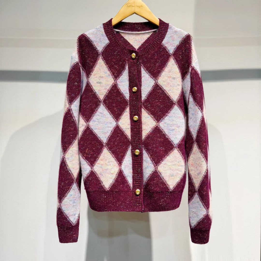 【萨拉迪恩】 羊绒复古文艺菱格针织开衫毛衣女