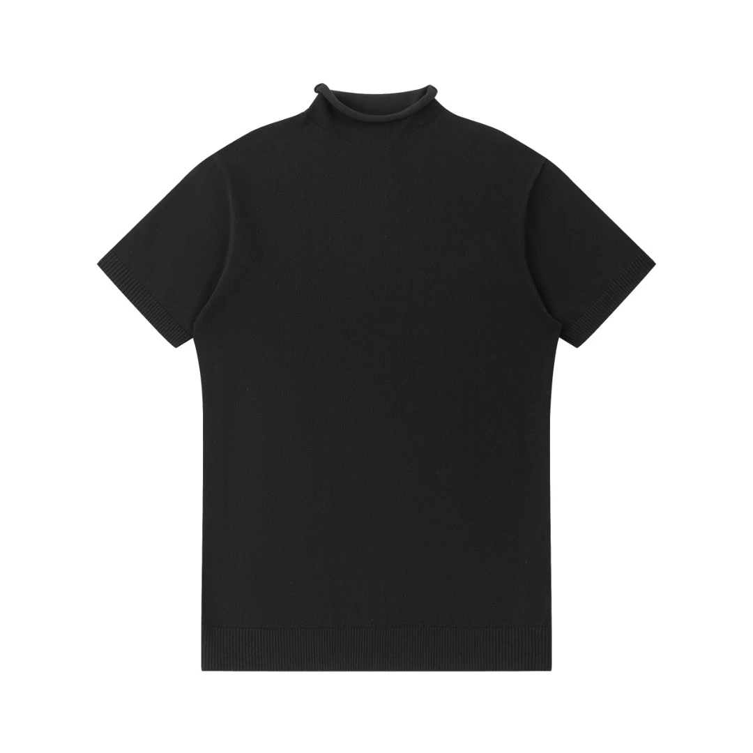 Y/OFFICIAL 基础天丝羊毛纱线卷边小高领正肩修身针织短袖打底