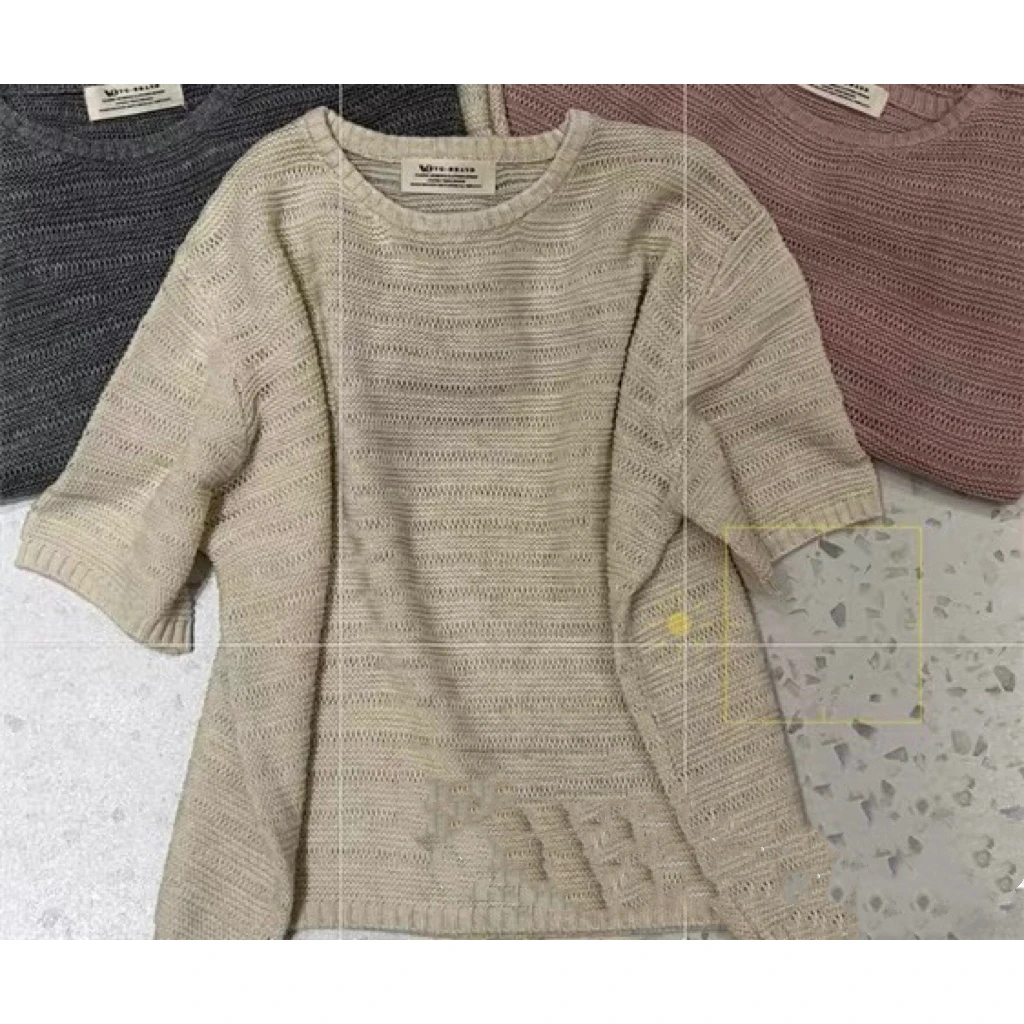 /栀子白短袖/纯色圆领短袖针织衫镂空宽松肌理小个子针织衫93183