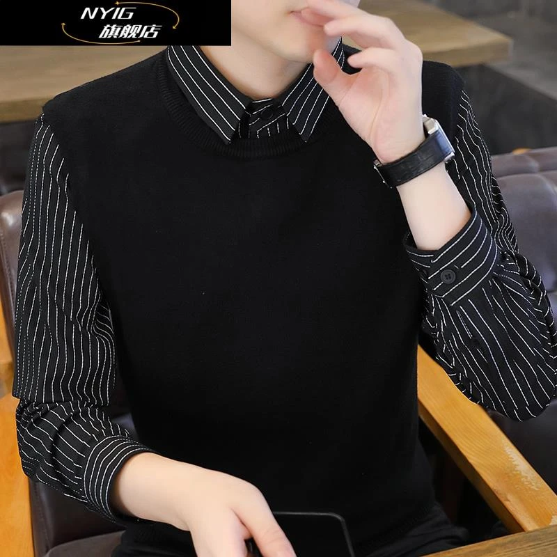 NYIG假两件针织衫男2025秋季新款高端衬衫领男士商务休闲打底毛衣
