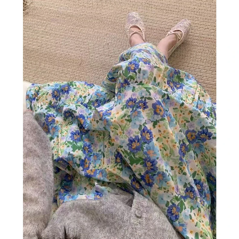 春季新款100%精梳棉碎花松紧腰大摆半身裙#9860-31